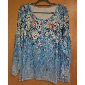 Women’s Plus Size Blue Floral Henley Top Long Sleeve Stretch Tunic 28” P2P
